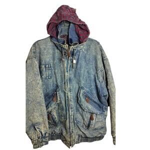 4377)Vtg 80s M Saxton Hall Unisex Acid wash Denim Hooded Paisley Bomber Jacket